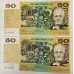 AUSTRALIA 1973 . FIFTY 50 DOLLARS BANKNOTE . PHILLIPS/WHEELER . ERROR . INK TRANSFER . CONSEC PAIR